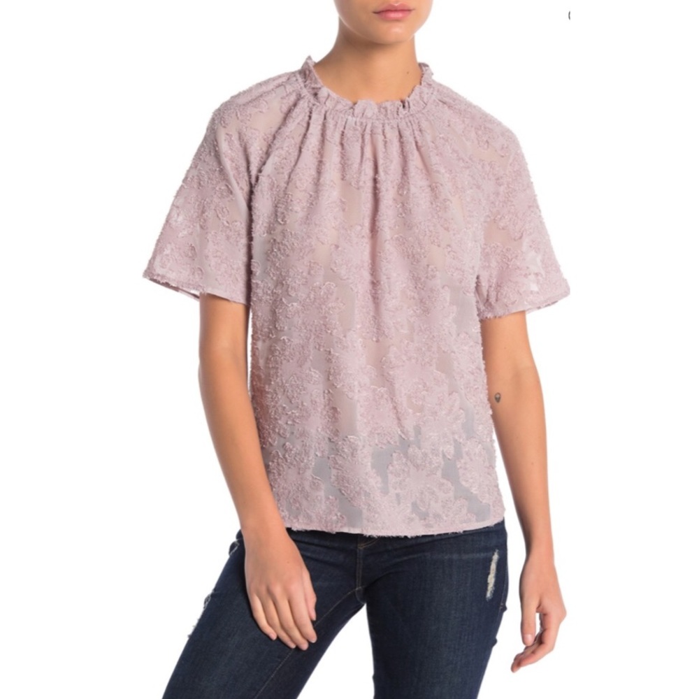 14th & Union Ruffled Mock Neck Jacquard Lace Blouse short sleeve, women’s size M